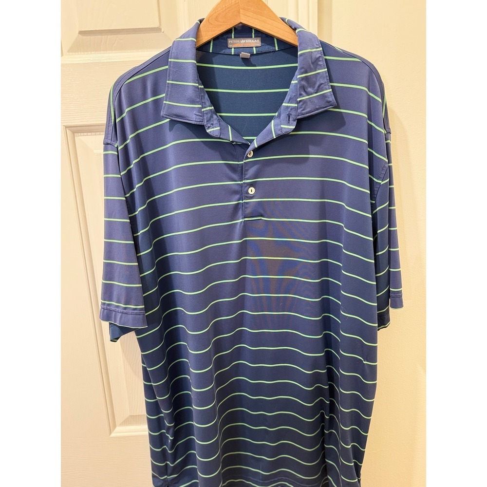 Peter Millar Summer Comfort Polo Shirt Mens XL Navy Blue Lime Green Striped Golf